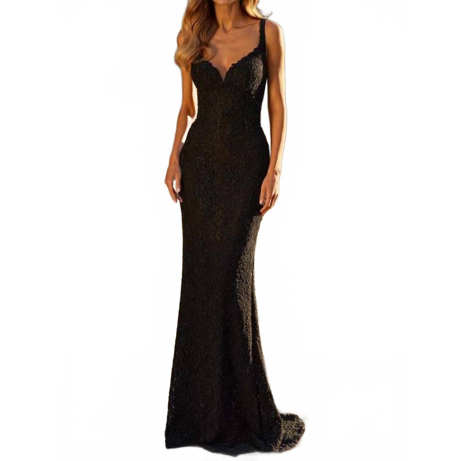 New La Femme Women's Fitted Lace Overlay Embellished Prom Dress In Black